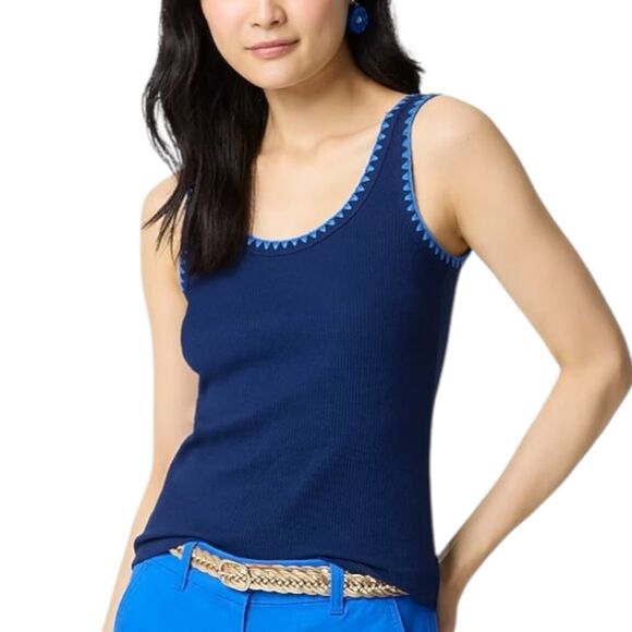 J. Crew Tops - J.CREW Blanket Stitch Tank Top M Navy Blue Double Scoop Neck Ribbed NWT B8